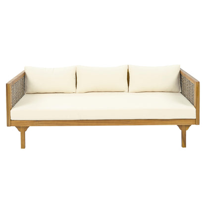 Christopher Knight Home Outdoor 3 Seater Acacia Wood Daybed with Fabric Water Resistant and Removable Cushions, Patio Garden Poolside Sofa with Wicker Armrest and Slat Paneling Back, Teak and Beige