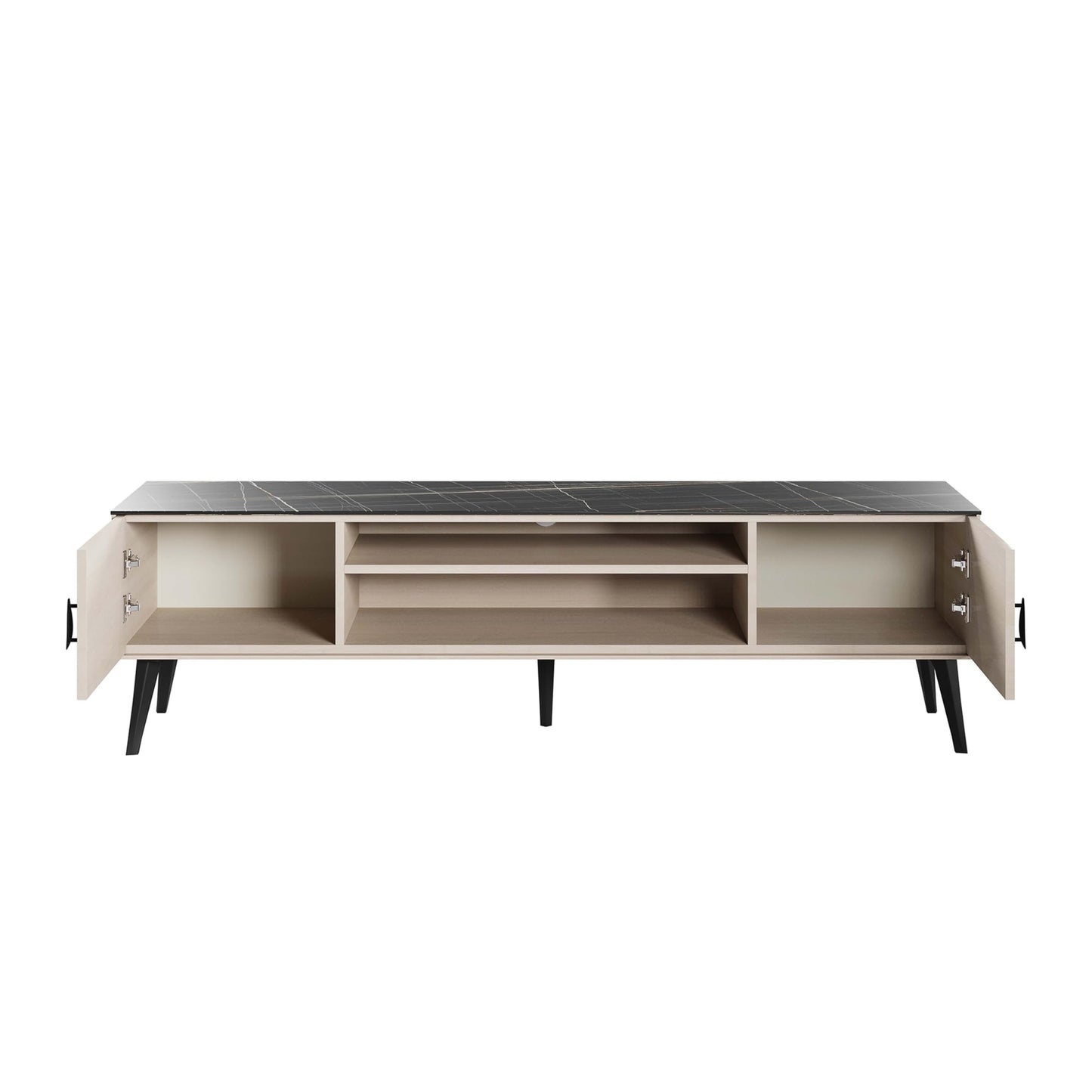 Manhattan Comfort Haley Mid Century Modern TV Stand for Televisions up to 55 Inches, Home Entertainment Center with Storage, Shelves, and Soft Close Doors, 70.9" Wide, White and Black Marble