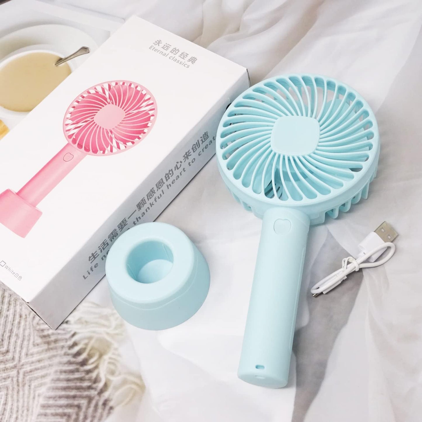 Honbay Handheld Rechargeable Fan, Portable USB Mini Fan with Base for Home, Office, Travel, Blue