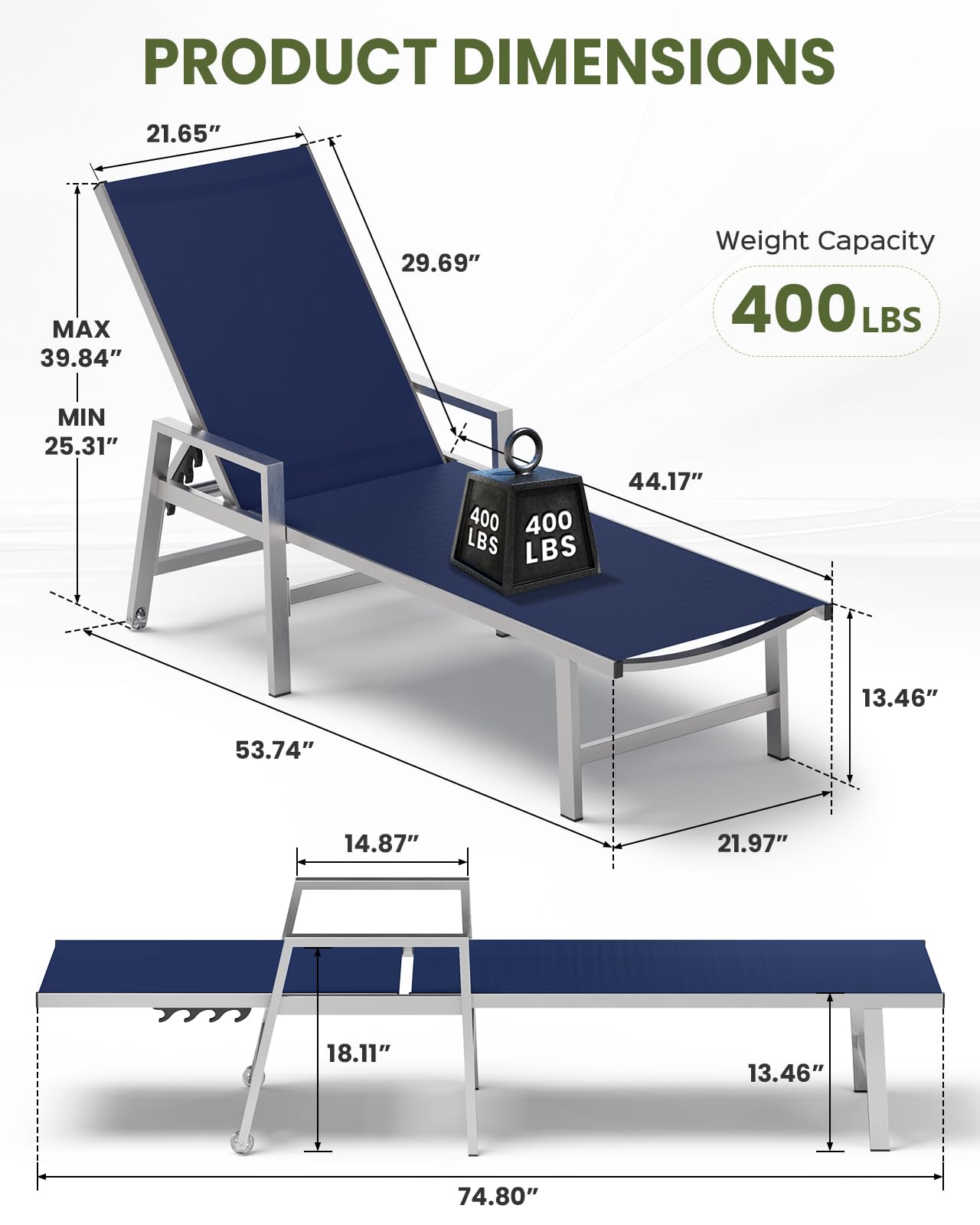 Patio Chaise Lounge Chair Outdoor Set of 2 with Wheels&Armrests, Aluminum Pool Lounge Chairs Five-Position Adjustable Recliner, Outdoor Beach Lounge Chairs for Poolside, Patio, Deck, Yard, Navy Blue