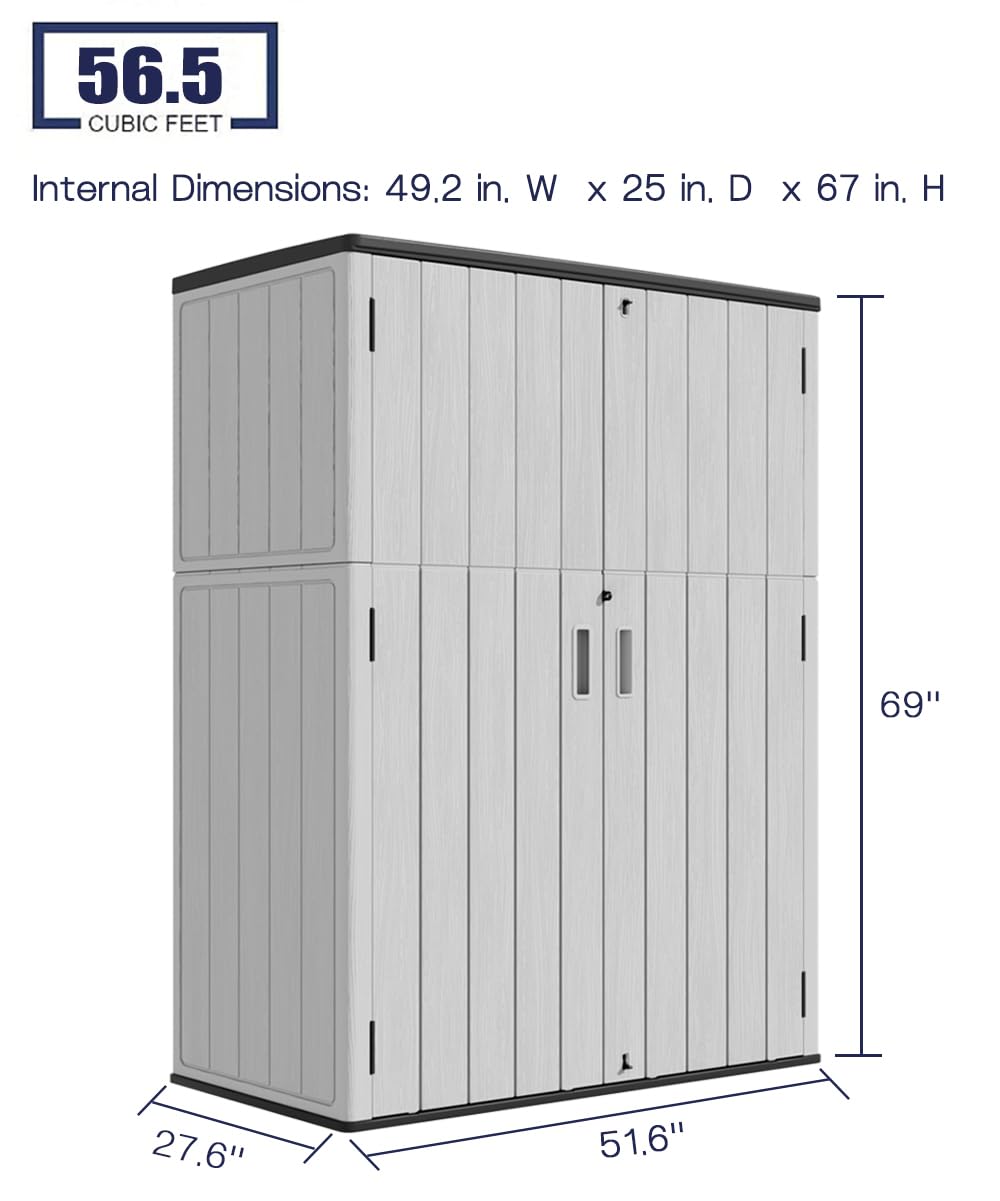 KINYING Outdoor Vertical Storage Shed,57 Cu.ft Outdoor Storage Cabinet Waterproof,Resin Sheds & Outdoor Storage Clearance for Garden,Patio,Backyard,Lockable (Grey)