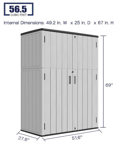 KINYING Outdoor Vertical Storage Shed,57 Cu.ft Outdoor Storage Cabinet Waterproof,Resin Sheds & Outdoor Storage Clearance for Garden,Patio,Backyard,Lockable (Grey)