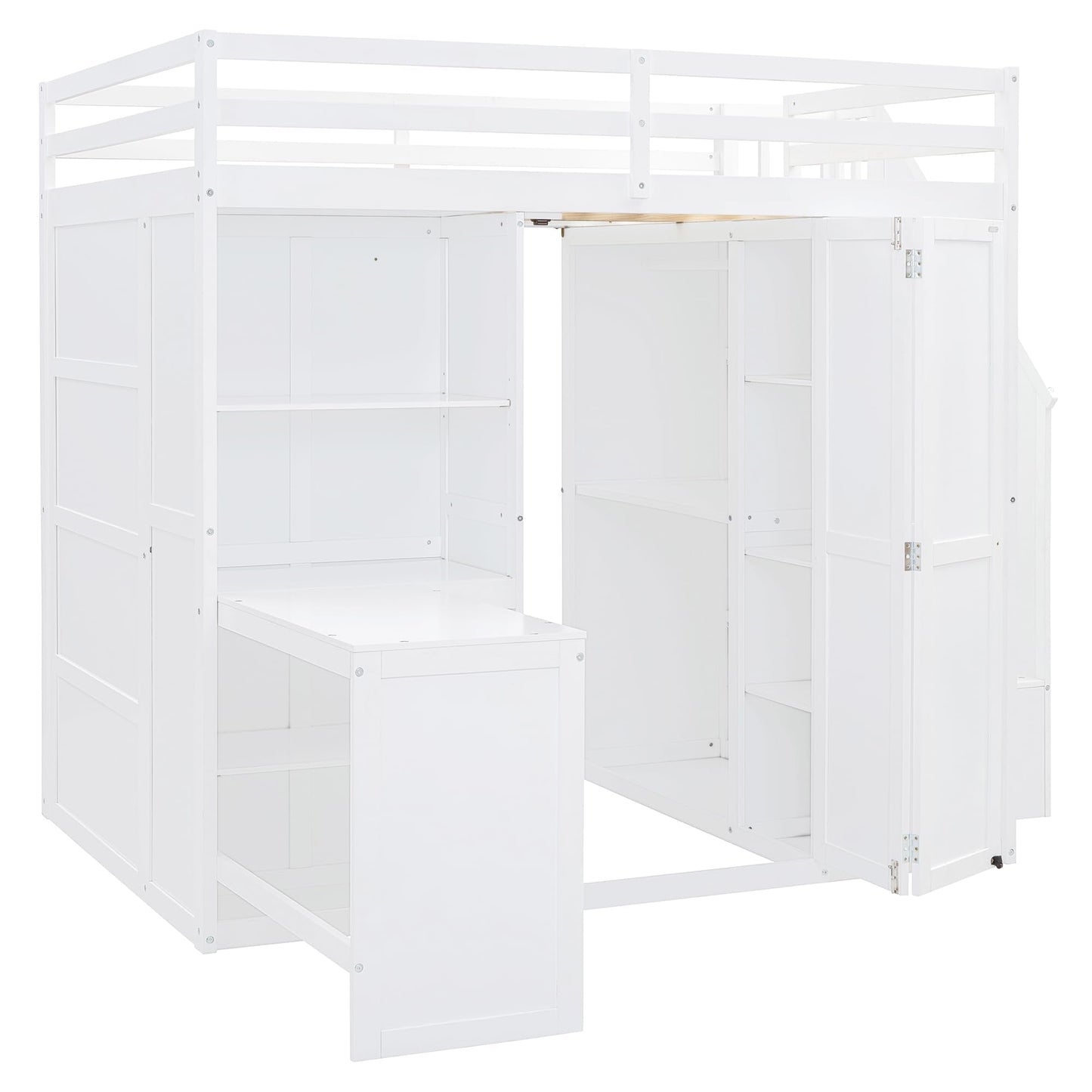 Merax Full Size Loft Bed, Wood Bedframe with Wardrobe, Storage Stairs, Desk and Shelves for Kids Teens Adults Bedroom, White
