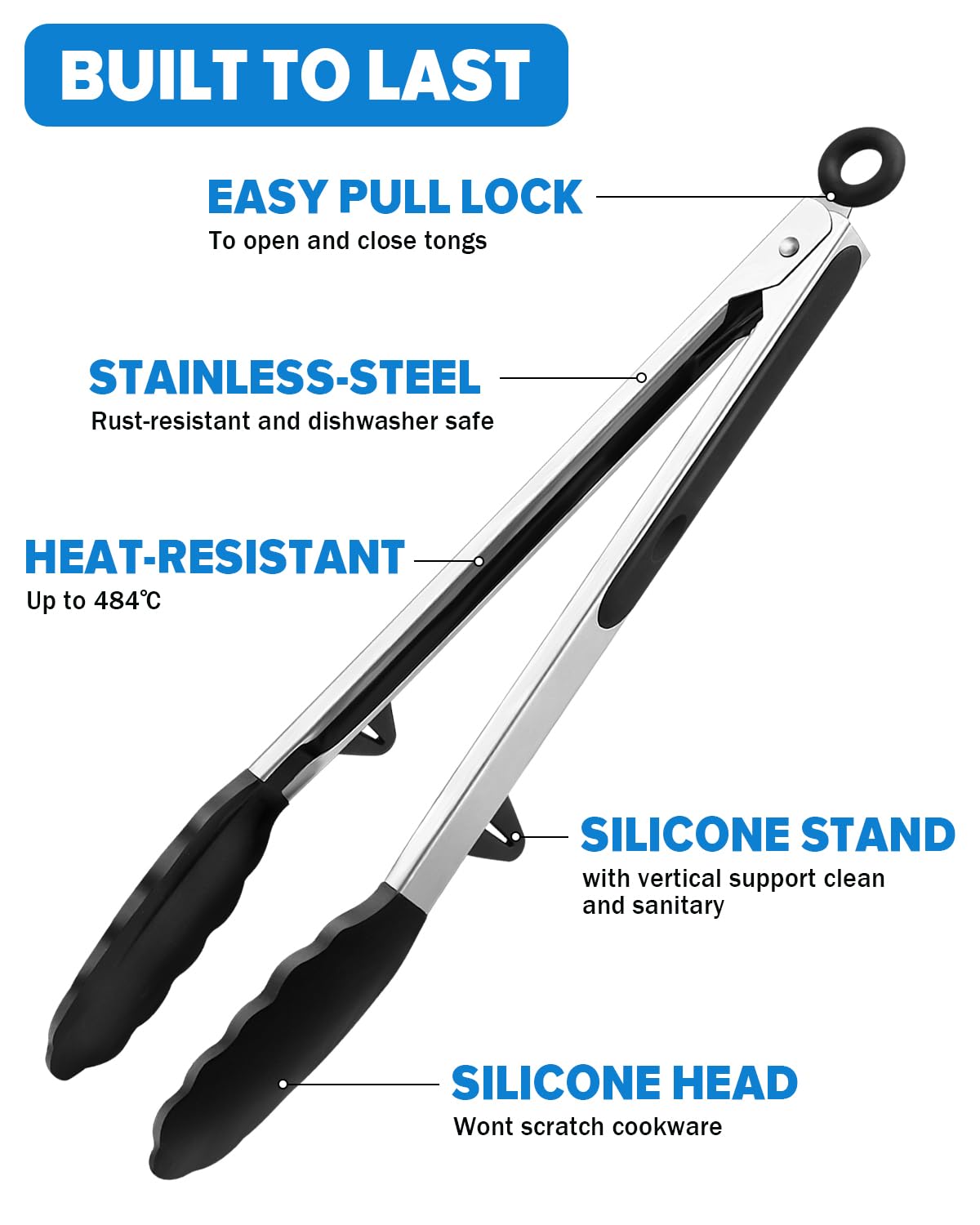Kitchen Tongs for Cooking, Non Scratch Silicone Tip for Nonstick Cooking Pans, Food Grade Mini Serving Tongs, Pull Lock, Set of 3, Black (BLack, 12 inch)