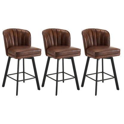 SAECKBERG Swivel Counter Height Bar Stools Set of 3, 26'' Modern Barstools with Backs and Metal Legs, Upholstered Bar Chairs, Faux Leather Brown Stools for Kitchen Island Chairs