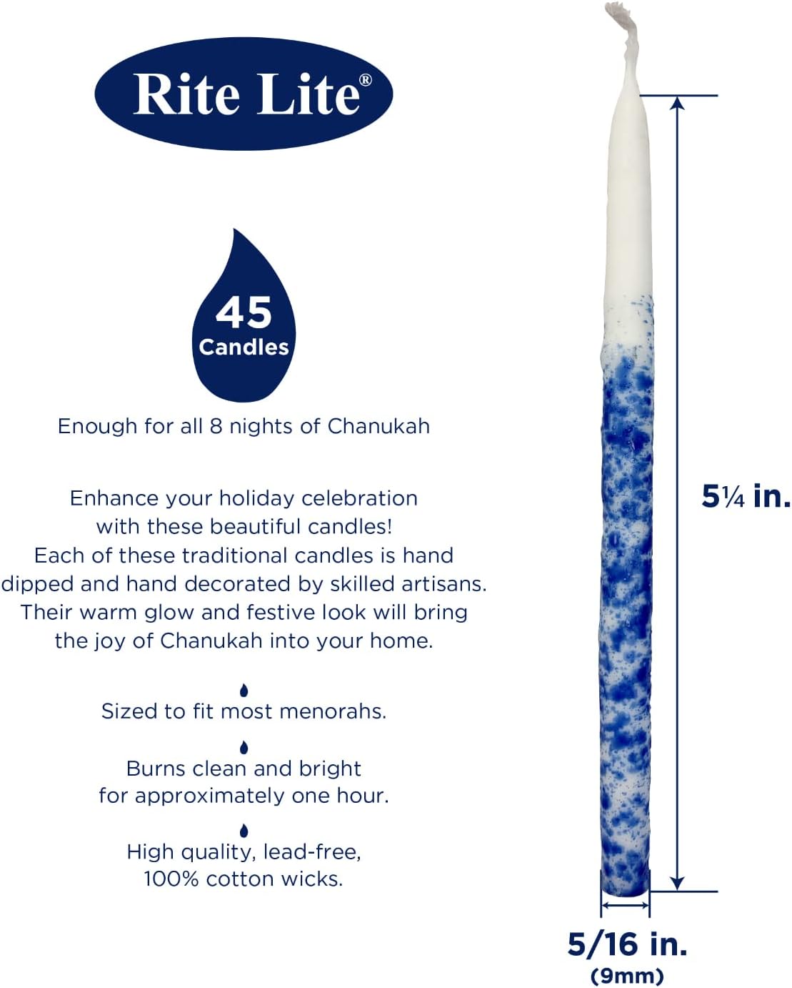 Rite Lite Premium Pack of 45 Chanukah Candles - Splash Blue and White for your Hanukkah Menorah