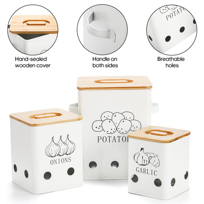 WUWEOT 3 Pack Vegetable Storage Tins, Metal Onion Garlic Potato Jars Set, Kitchen Canisters Vegetable Keeper Containers with Aerating Holes and Wooden Lid