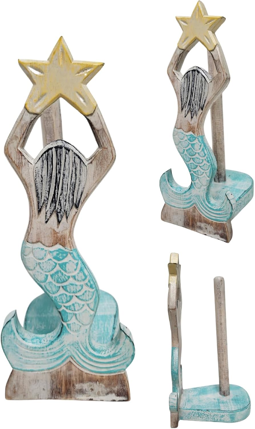 WorldBazzar Hand Carved Mermaid Star Fish Paper Towel Holder Wood Carving Nautical Statue Kitchen Gadget Sculpture