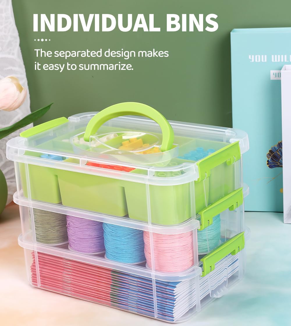 Eppingwin 3 Layers Craft Storage Box, Storage Bins with Lids, Plastic Storage Container Box with Removable Bin, Organizer for Tools, Beads, Sewing (Orange)