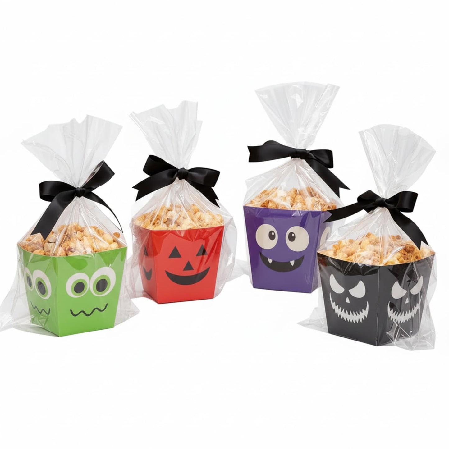 Pajean 24 Sets Halloween Popcorn Boxes with Cellophane Bags and Ribbon, 4.72''x 4.72''x 3.54'' Cardboard Paper Snack Treat Goodie Gift Cookies Candy Boxes for Trick or Treat Halloween Party Favors