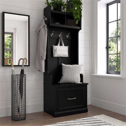BOWERY HILL 24" Engineered Wood Hall Tree & Shoe Bench, Black Oak Finish, 69" Entryway Organizer w/Drawer, Coat Hooks, Open Cubbies, Transitional Style Storage Seat for Foyer or Mudroom Use