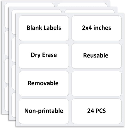 Reusable Dry Erase Labels for Organizing, Storage Bin, Craft, Jars, Pantry Labels, Sticky Notes for Office School Home Gift Chioce, Removable (2x4 inches, 24PCS) (White)