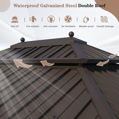 EROMMY 10' X 12' Permanent Hardtop Gazebo Aluminum Gazebos with Galvanized Steel Double Roof for Patio Lawn and Garden, Curtains and Netting Included, Dark Bronze