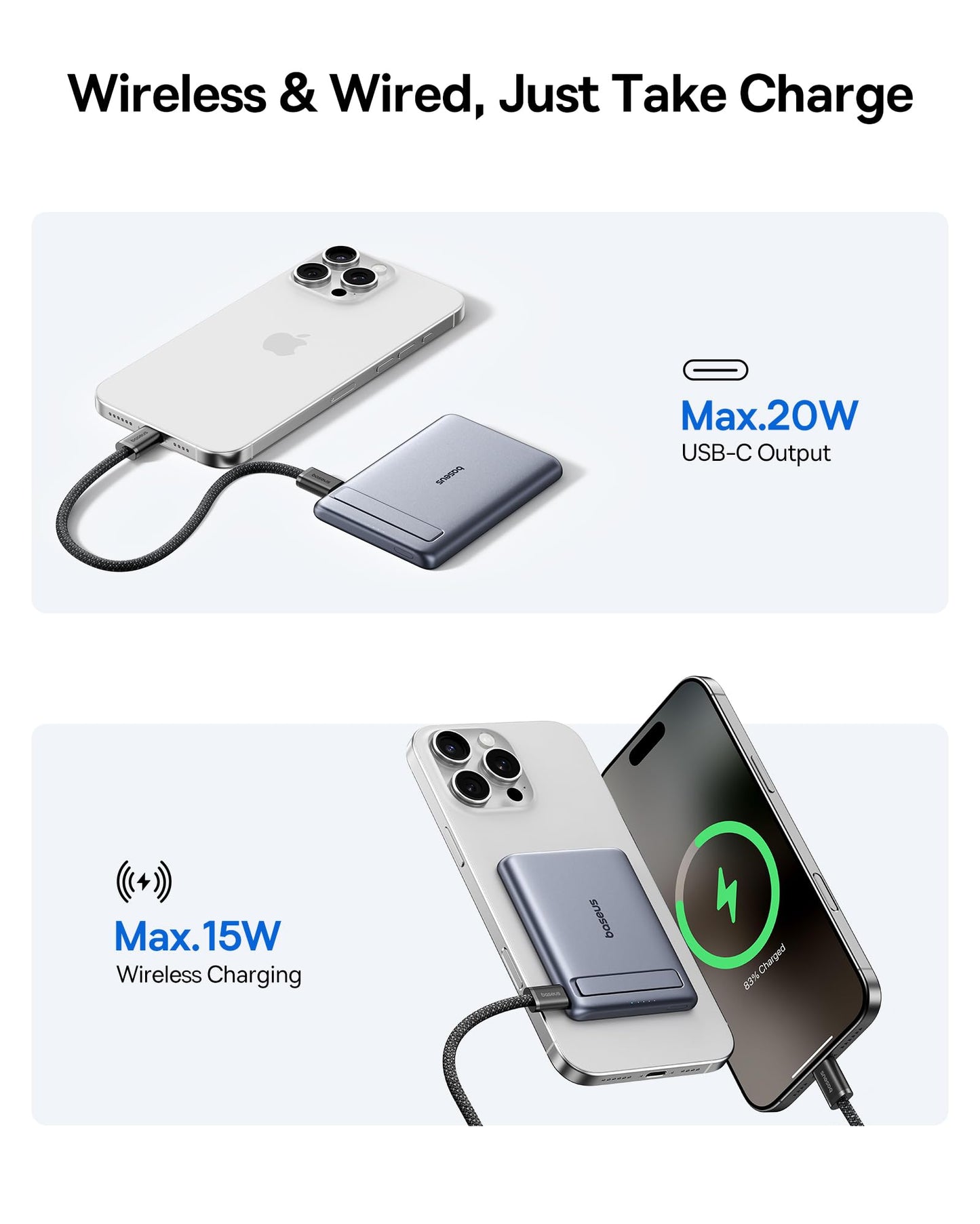 Baseus Picogo Power Bank, Smallest 5000mAh Magnetic Portable Charger with Stand, Qi2 Certified 15W Ultra-Mini MagSafe Battery Pack, Alloy Wireless Travel Fast Charger for iPhone 16/15/14/13/12 Series