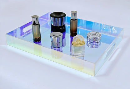 12X9 Inch Countertop, ROYALITA Iridescent Acrylic Tray with Handles, Serving Tray Spill Proof, Perfume Decorative Tray