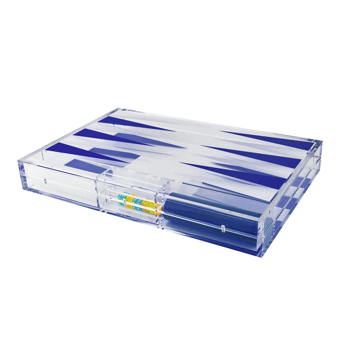 TIZO Elegant 18” Lucite Backgammon Set, Lucite Chips & Cups with Magnetic Closure, Elegant & Practical Boutique Quality Home Décor, Clear, Blue & White