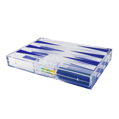 TIZO Elegant 18” Lucite Backgammon Set, Lucite Chips & Cups with Magnetic Closure, Elegant & Practical Boutique Quality Home Décor, Clear, Blue & White