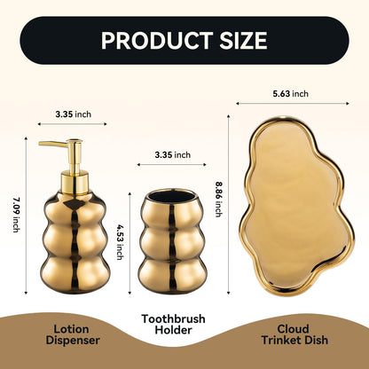 Gold Bathroom Accessory Set, 3-Piece Gold Ceramic Bath Accessories Set with Tray, Lotion Dispenser, and Tumbler for Luxurious Bathroom Decor