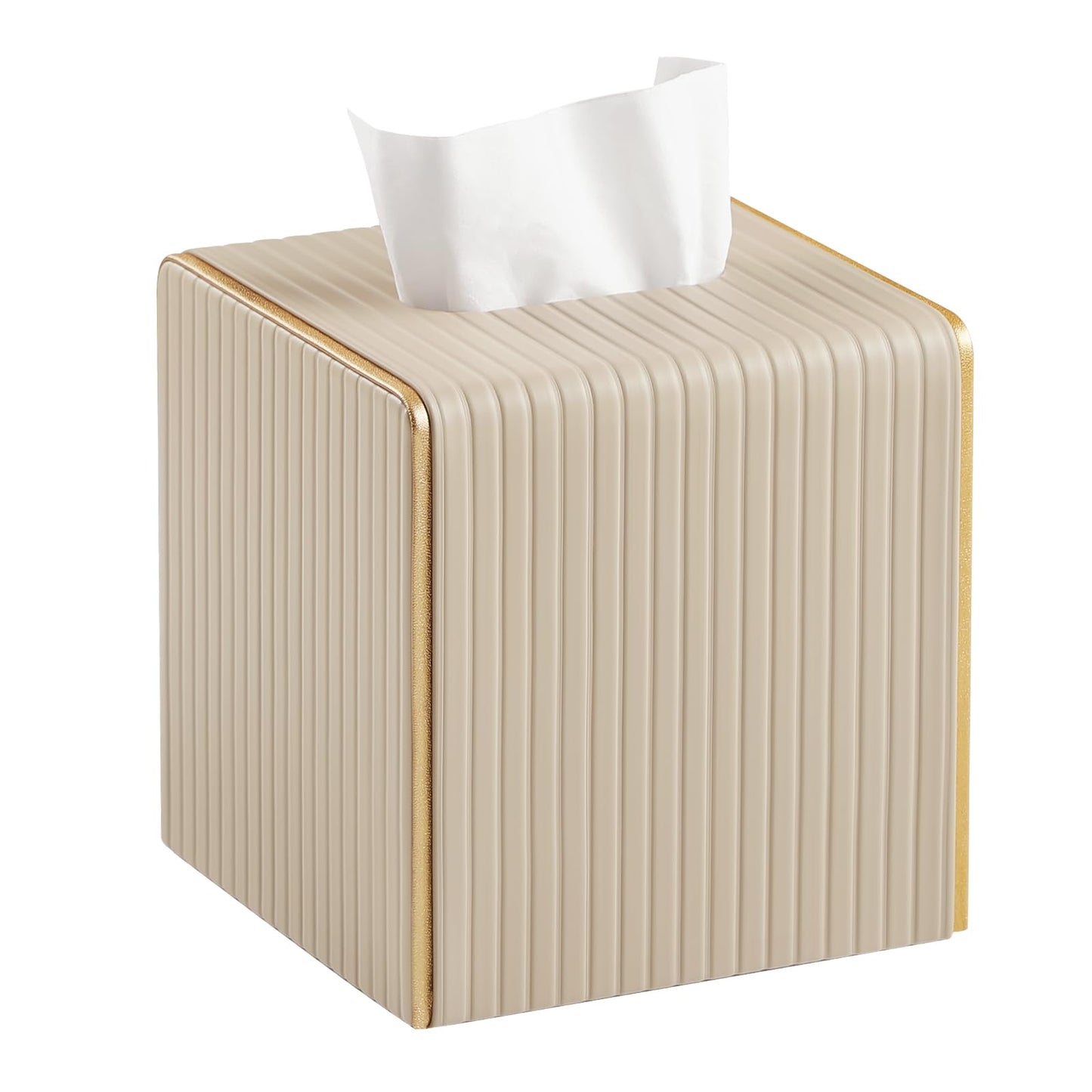 Square PU Leather Tissue Box Cover with Magnetic Closure, Decorative Tissue Holder & Storage Container for Bedroom, Living Room, Dining Room, Bathroom, Countertop, Desk & Office (Beige)