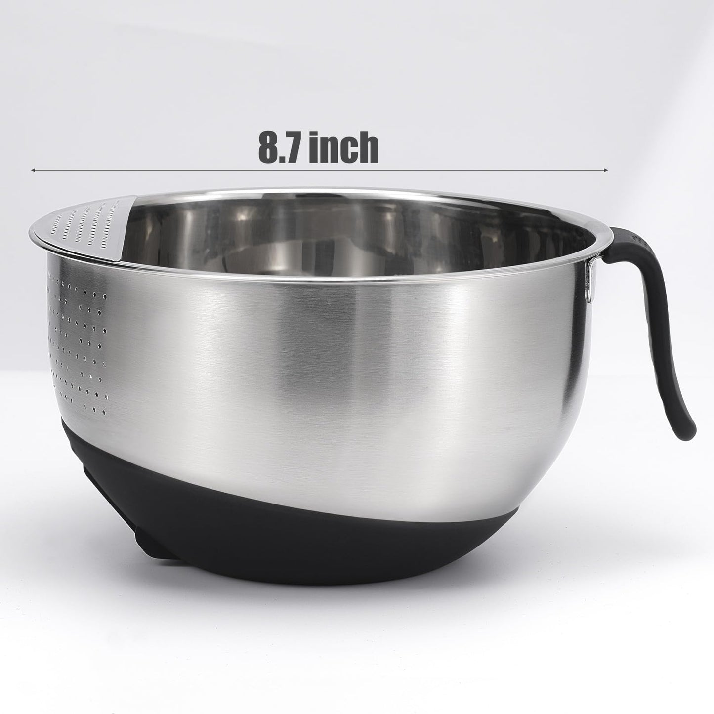Rice Washer Strainer Bowl Quinoa Washing Bowl whit Handle Stainless Steel Colander Versatile Side Drainers for Cleaning Rinsing Fruits, Vegetables, and Beans - Tilting Non-slip Silicone Bottom