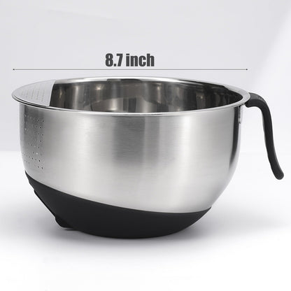 Rice Washer Strainer Bowl Quinoa Washing Bowl whit Handle Stainless Steel Colander Versatile Side Drainers for Cleaning Rinsing Fruits, Vegetables, and Beans - Tilting Non-slip Silicone Bottom