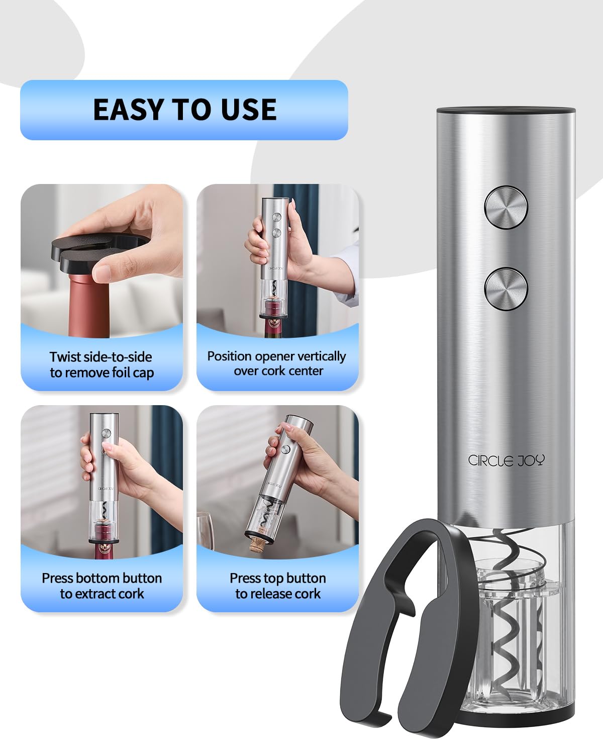 CIRCLE JOY Electric Wine Opener Stainless Steel Rechargeable Automatic Wine Bottle Opener Set 7-in-1 Wine Gifts for Wine Lovers with Charging Base, Foil Cutter, Wine Aerator Pourer & 2 Vacuum Stoppers
