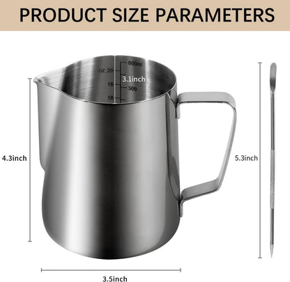 20oz 600ml Milk Frothing Pitcher, Large Capacity Stainless Steel Milk Coffee Cappuccino Latte Art Jug with Latte Art Pen