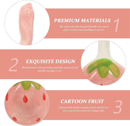 Housoutil 2PCS Strawberry Spoons, Cute Ceramic Soup Spoons, Long Handle for Breakfast, Cereal, Rice