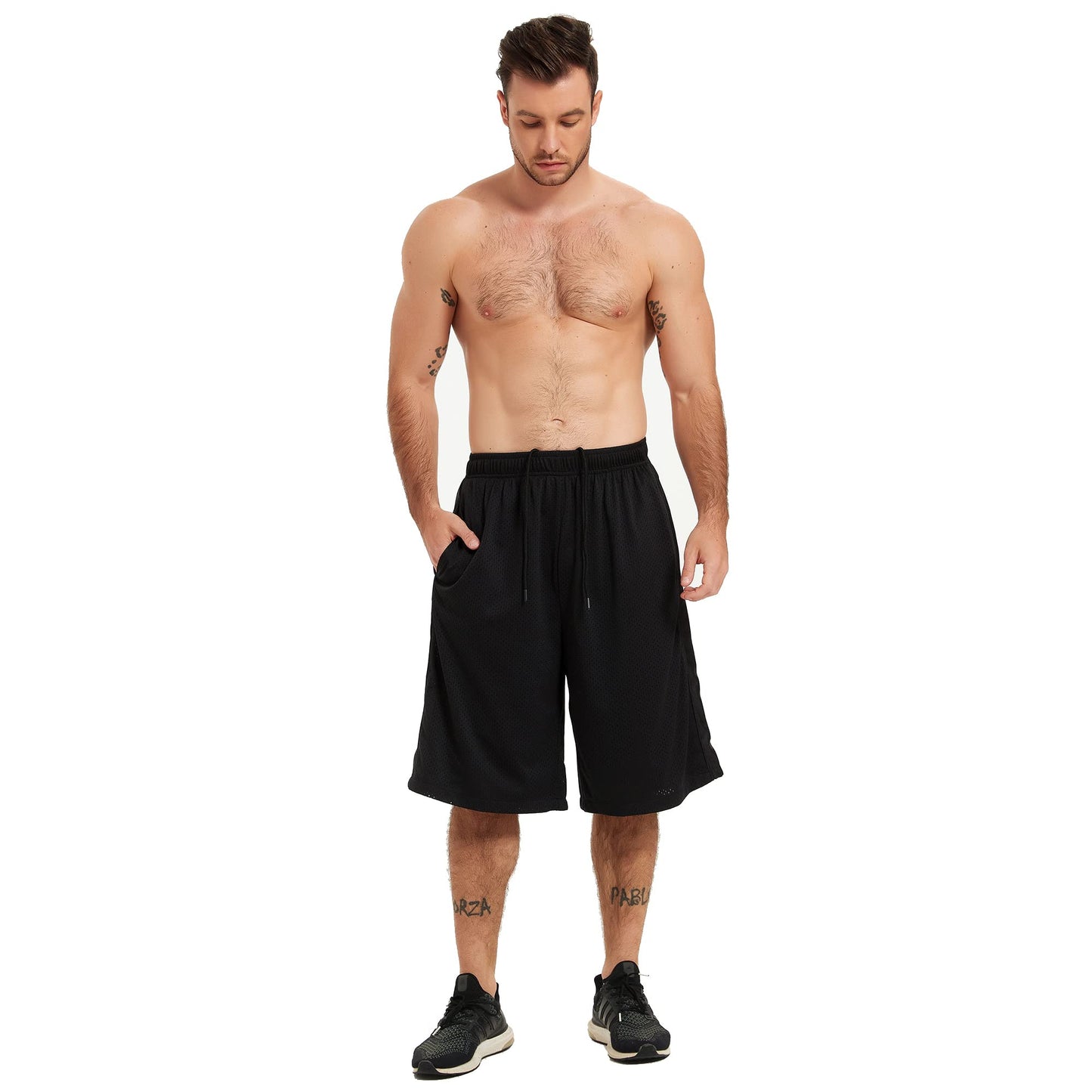 HQUEC Men's 12" Basketball Shorts Long Athletic Workout Gym Mesh Shorts Below Knee Loose-Fit with Pockets Black M