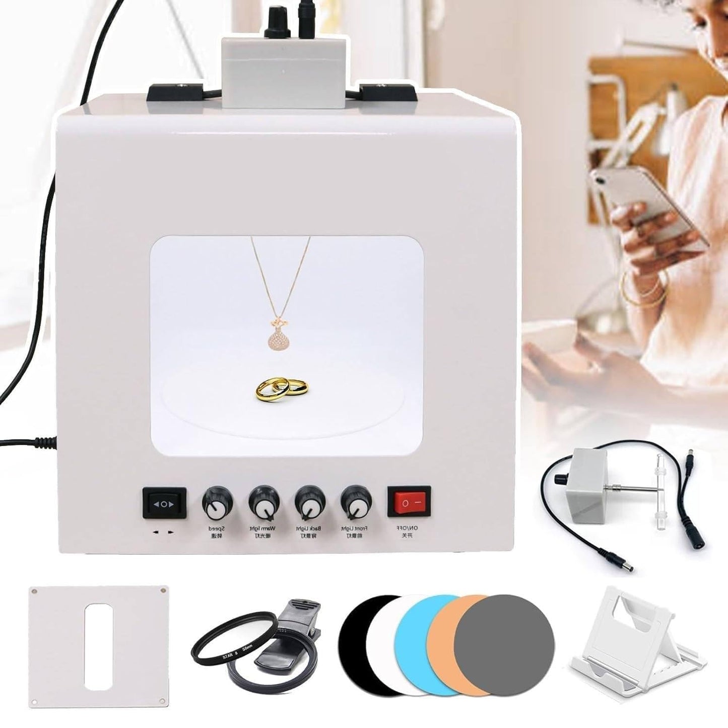 Jewelry Photography Light Box Kit with Adjustable Turntable, 22000Lux Professional Studio Setup for Stunning Gemstone Images, Customizable Speed, for Small Items with Full Accessories(Tb20)
