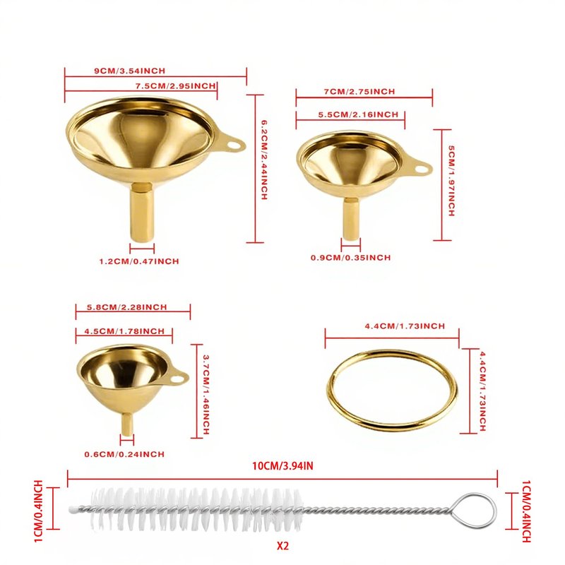 OYWOBET Gold Stainless Steel Funnels for Kitchen Use, Large Tiny Small Funnel Set of 3 with 2Pcs Cleaning Brush Set for Filling Bottles Oil Liquor Water Spice (Gold)