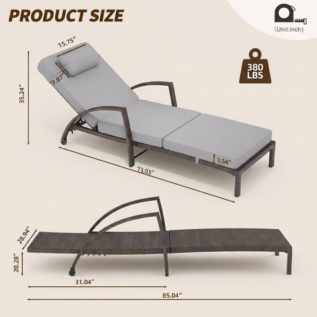 Garvee Outdoor Chaise Lounge Set of 2, 5-Position Adjustable PE Wicker Reclining Chairs with Wheels & 3.5" Cushions, 400 lbs Capacity All-Weather Patio Furniture for Poolside, Garden, Beach(Gray)