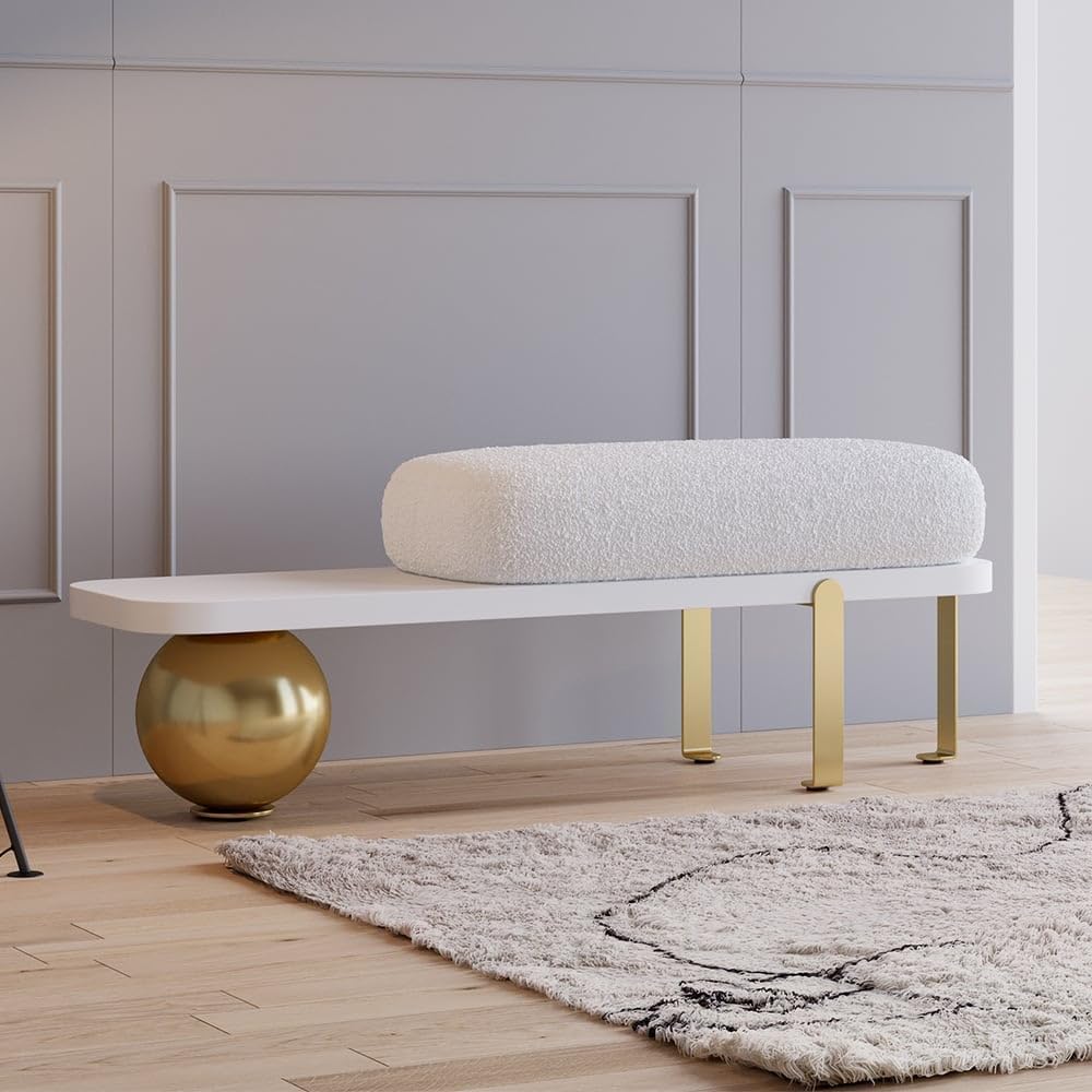 homary 47.2" Modern Entryway Bench, Wooden Boucle Upholstered Bench with Abstract Metal Legs, Lambswool Cushioned Seating for Entryway, Bedroom or Living Room