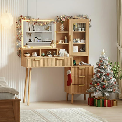 GAOMON Modern Fluted Makeup Vanity Desk with Lights & Power Outlet, 28" HD Lighted Mirror, 7 Drawers & 4 Storage Shelves, Luxury Gold Accent Dressing Table for Women Bedroom