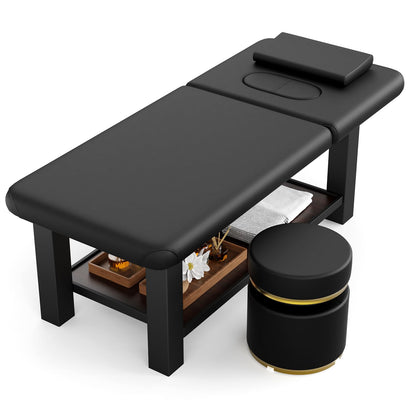 Ufurpie Adjustable Backrest Massage Table and Round Swivel Ottoman, Professional Massage Set, Heavy-Duty Spa Bed, 360° Adjustable Height Makeup Vanity Stool, for Salon Facial Physical Therapy, Black