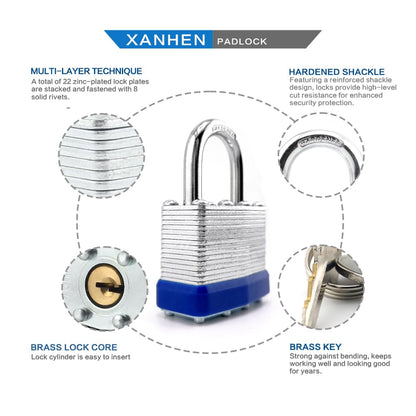 XanHen Keyed Alike Laminated Steel Padlocks, Standard Shackle, for Hasp, Shed, Fence, Storage Locker, School, Gym (100 Pack)