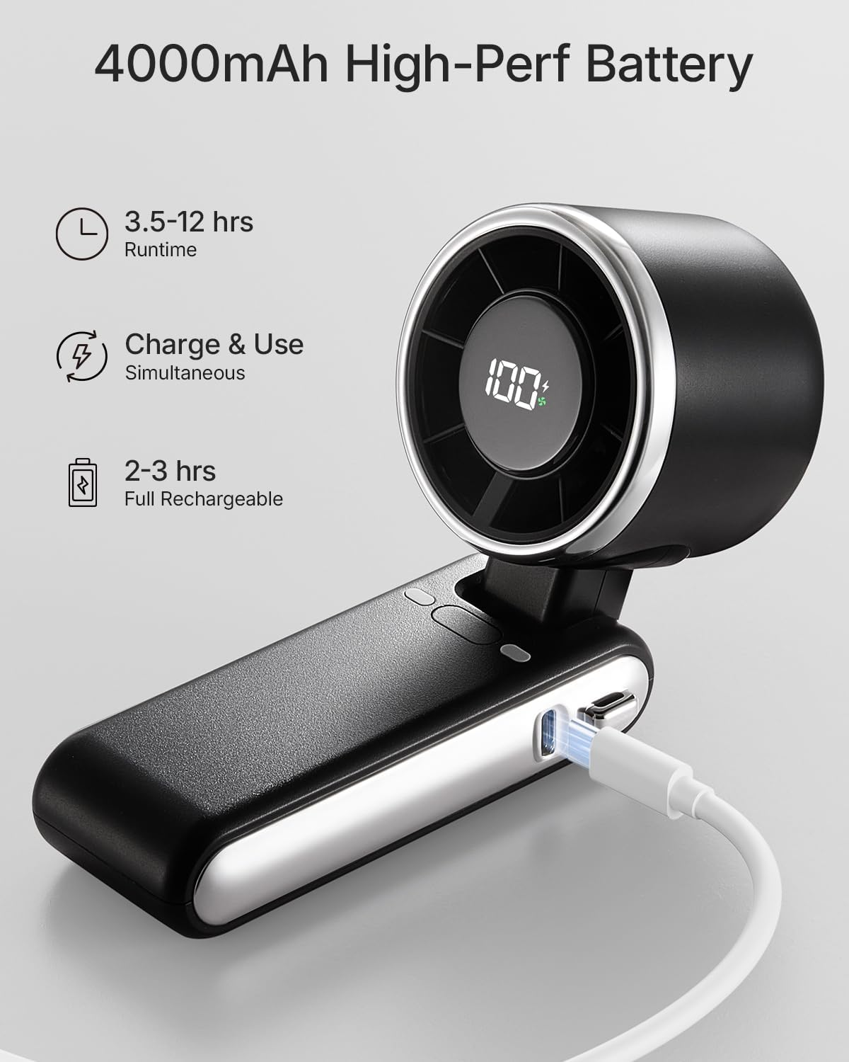 Skiennix Portable Handheld Turbo Fan - 5-Speed Rechargeable Mini Personal Fan | 4000mAh Battery, Ideal for Travel & Beach Use (Black)