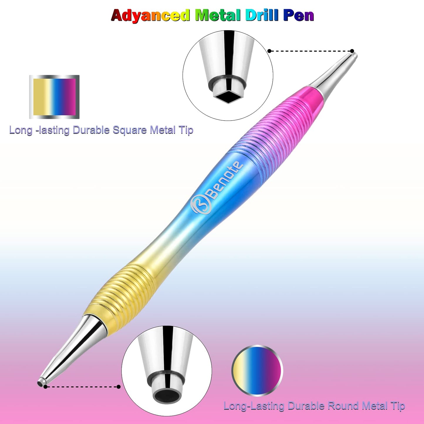 Benote Ergonomic Diamond Art Painting Pen, Metal Diamond Drill Pen Tools 5D Diamond Accessories Painting with Multi Replacement Pen Heads and Wax for DP Cross Stitch - Rainbow