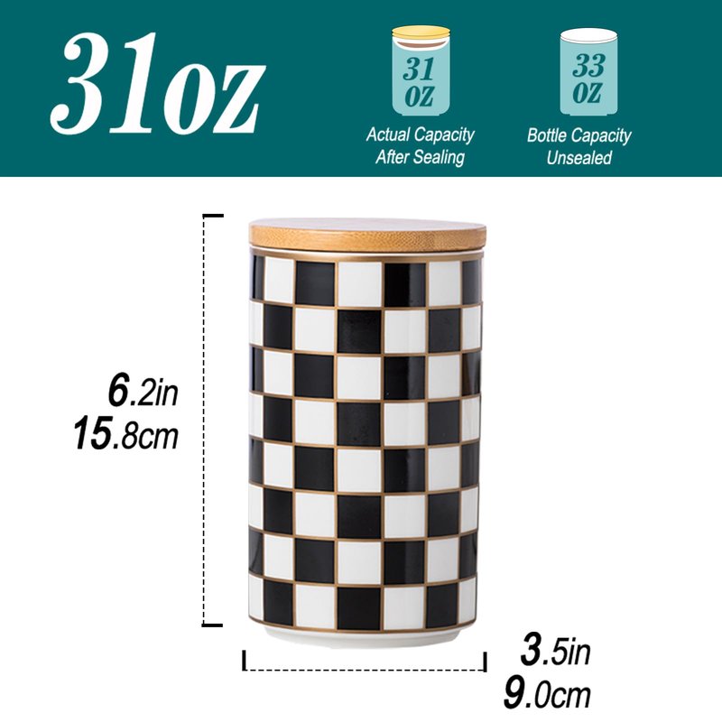 XYQXYQ Kitchen Countertop Ceramic Checkered Canisters,Black And White Food Storage Containers With Lid,Airtight Kitchen Canisters for Flour, Sugar, Coffee, Tea, and Dry Goods (Black, Large)