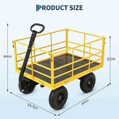 4-in-1 Heavy Duty Steel Garden Yard Cart - 1500 lbs Capacity - 13 Inch All-Terrain Wheels - Removable Mesh Sides - Dark Green Frame, Yellow Hubs, Black Handlebars