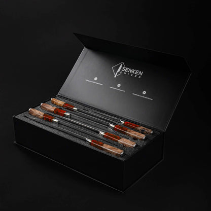 SENKEN 7-Piece Damascus Kitchen Knife Set - Tsunami Collection - 67-Layer Japanese VG10 Steel - Chef's Knife, Cleaver, Santoku, Bread, Boning, & More (Red Resin Blend)