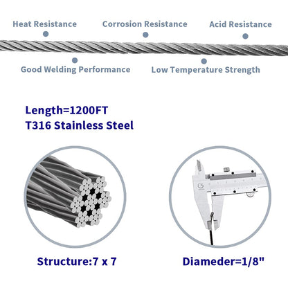 1200FT 1/8" T316 Stainless Steel Cable, 1/8 Inch Wire Rope Aircraft Cable for Deck Cable Railing Kit, 7 x 7 Strands Construction, DIY Balustrades, Come with a Cutter