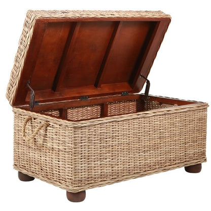 Pemberly Row Modern Kubu Wicker Rattan Storage Trunk, 37 in x 21.25 in x 19 in, Tan Finish, Handmade with Solid Mahogany Frame, Spacious Lift-Top Storage, Versatile Coffee Table for Living Room or