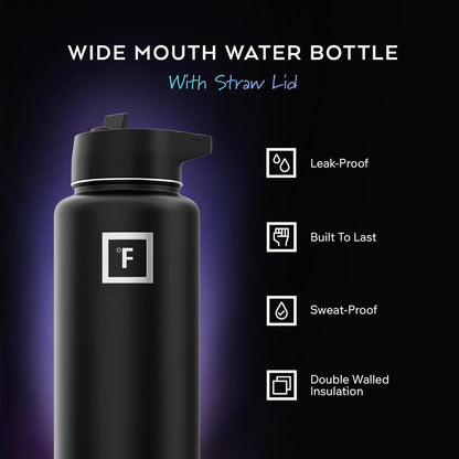 IRON °FLASK Camping & Hiking Hydration Flask with Straw, Wide Mouth Insulated Stainless Steel Sports Water Bottle - 32 oz Midnight Black