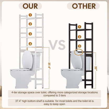 Cozivolife Over The Toilet Storage: 4-Tier Bamboo Organizer Rack with 2 Baskets & Paper Holder & 4 Hooks & Waterproof Feet Pad, Adjustable Freestanding Shelf for Bathroom (White)