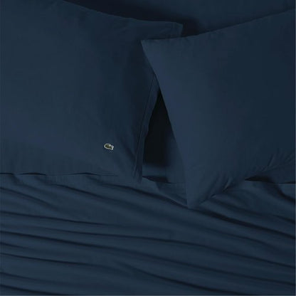 Lacoste 100% Cotton Percale 4-Piece Sheet Set – Cool, Crisp, Matte, and Durable, Oeko-Tex Certified – Solid, Navy, Queen