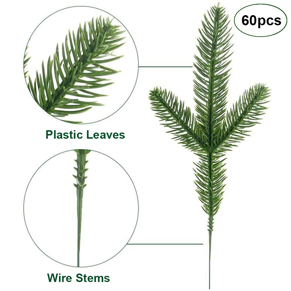 KLEWEE 60 Pcs Artificial Pine Branches, Christmas Tree Filler Branches, Realistic Faux Christmas Greenery Green Plants Pine Picks and Stems for Christmas Decorating Crafts Vase DIY Wreath Garland