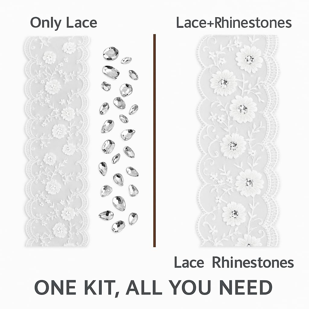 5 Yards White Floral Lace Trim with 25g Rhinestones, Bridal Applique Sewing Kit for Wedding Dress, Veil, Gift Box & DIY Crafts (Ivory)
