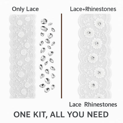 5 Yards White Floral Lace Trim with 25g Rhinestones, Bridal Applique Sewing Kit for Wedding Dress, Veil, Gift Box & DIY Crafts (Ivory)