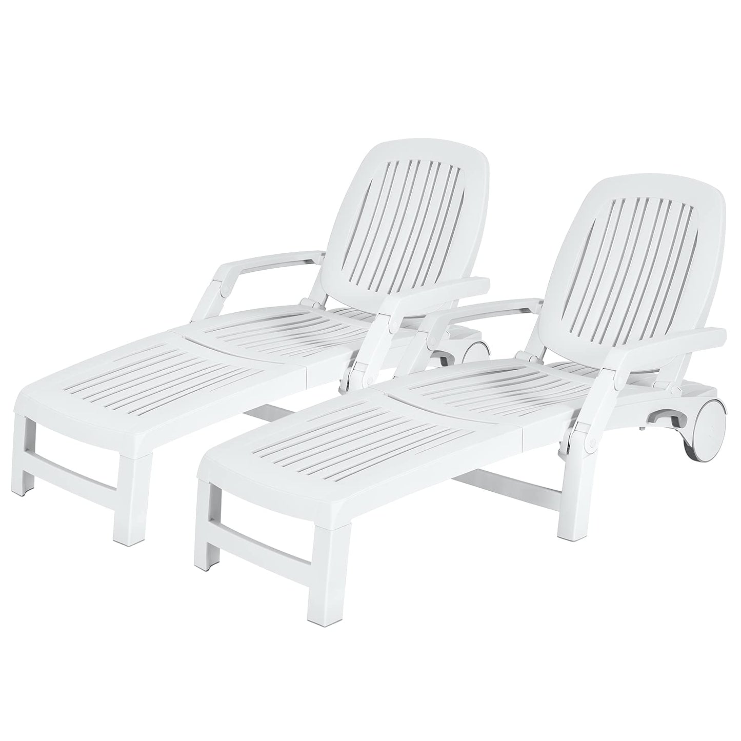 Tangkula Outdoor Chaise Lounge Chair, 5-Position Adjustable Recliner with Storage Box and Flexible Wheels, All-Weather Folding Patio Lounge Chair for Poolside, Beach and Backyard (2, White)
